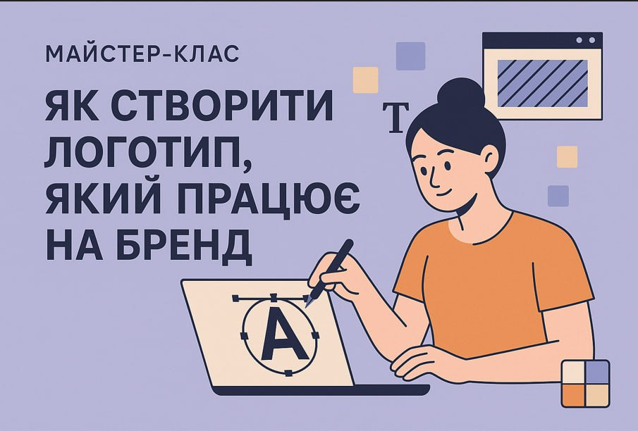 Жінка в помаранчевій сорочці створює логотип на ноутбуці. Напис українською мовою рекламує майстер-клас із брендингу. Атмосфера — творча та навчальна.