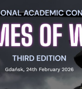 Банер конференції «Games of War», на якому зображено силует вертольота на тлі хмарного неба. Конференція відбудеться 24 лютого 2026 року в Гданському університеті.