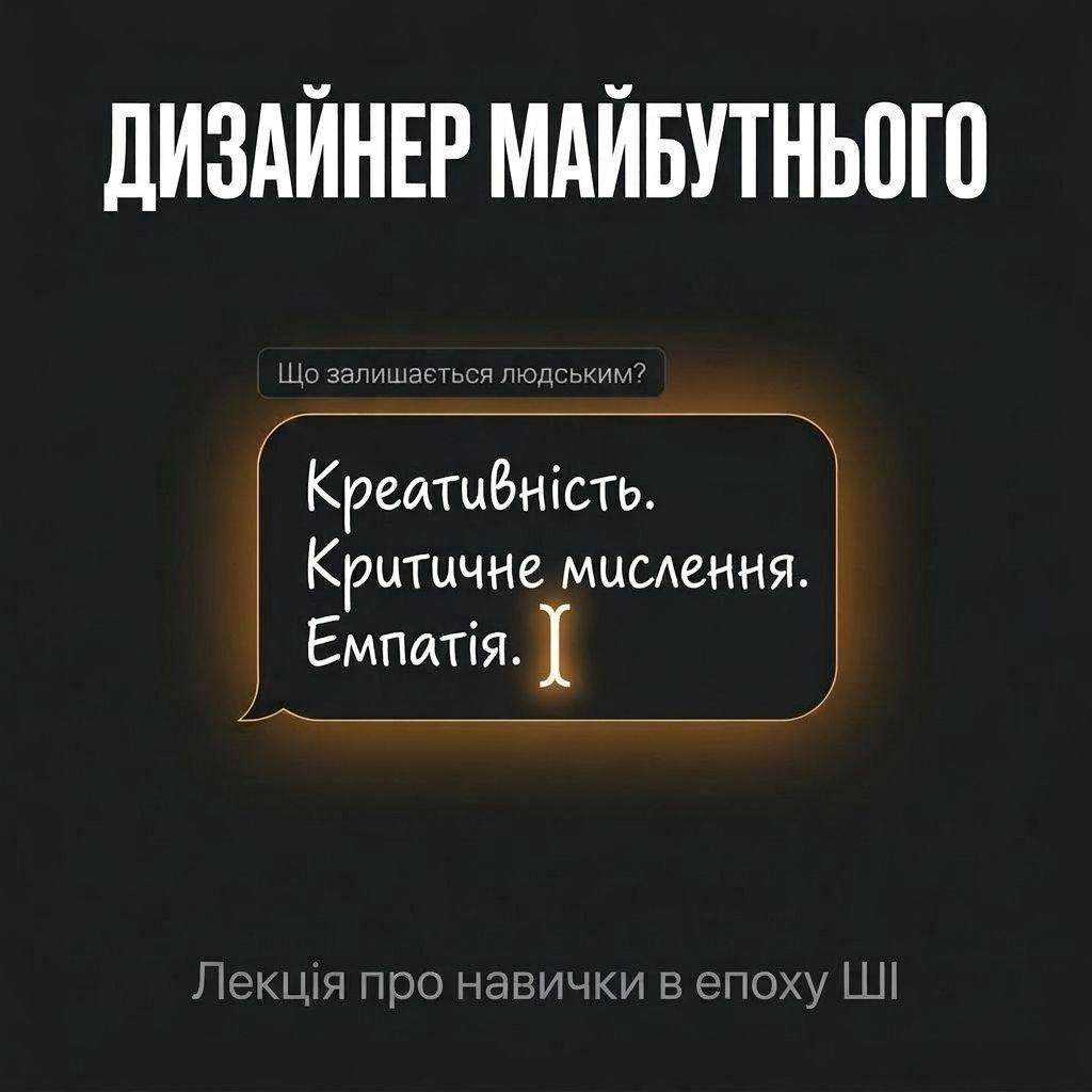 Банер темному кольору анонсує майбутню лекцію для дизайнерів, у якій творчість, критичне мислення та емпатія названі ключовими навичками.